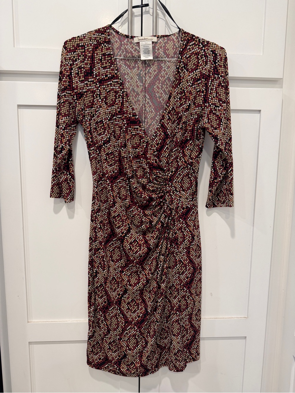 Laundry by Design Burgundy Multi-Color V-Neck Ruched Wrap Dress